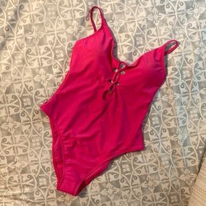 Bright pink lace-up front swimsuit by Shade and Shore NWT